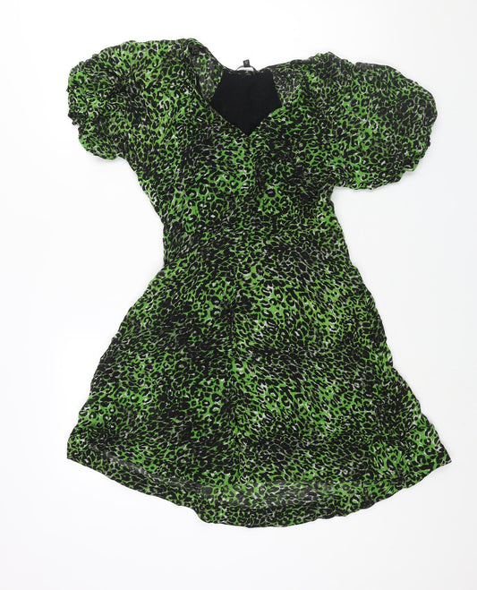 NEXT Womens Green Animal Print Viscose A-Line Size 6 V-Neck Button - Leopard Print