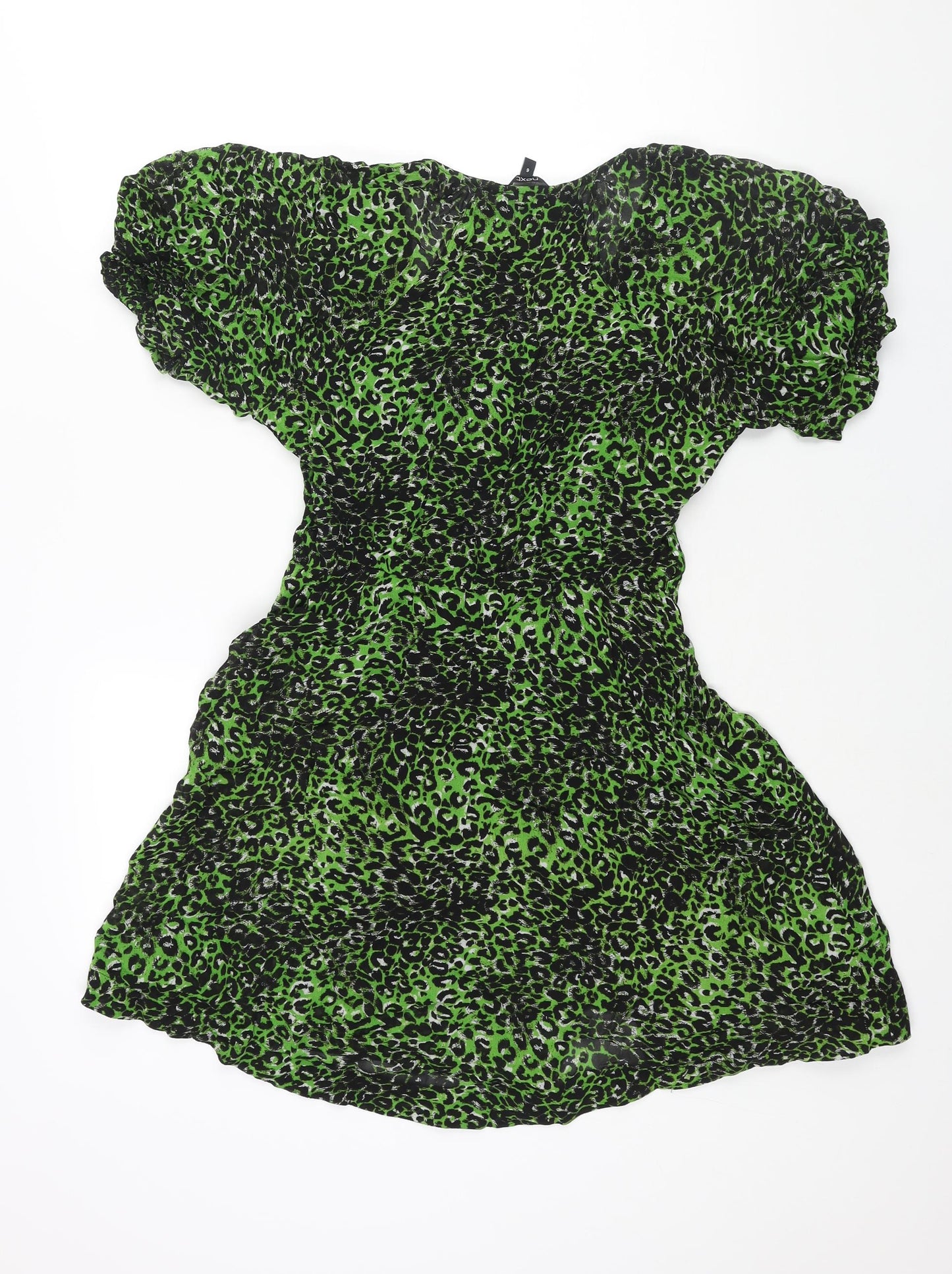 NEXT Womens Green Animal Print Viscose A-Line Size 6 V-Neck Button - Leopard Print