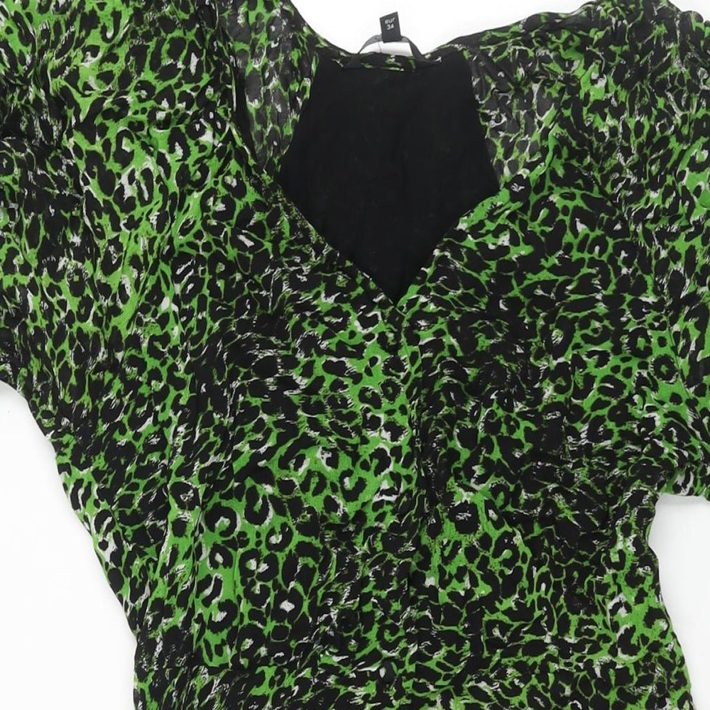 NEXT Womens Green Animal Print Viscose A-Line Size 6 V-Neck Button - Leopard Print