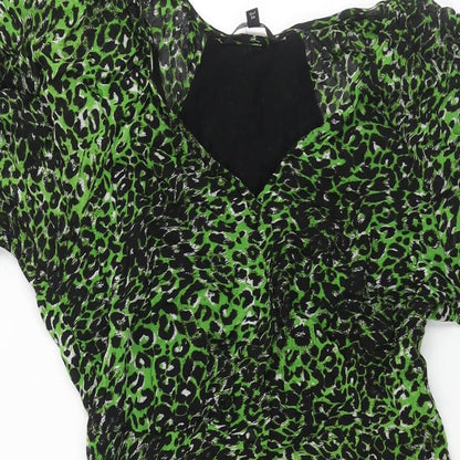 NEXT Womens Green Animal Print Viscose A-Line Size 6 V-Neck Button - Leopard Print
