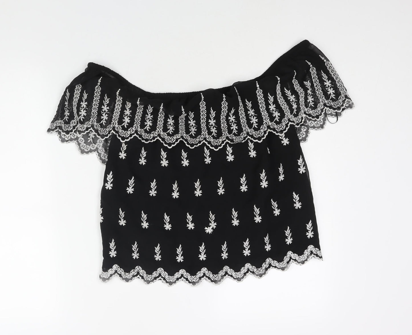 Miss Selfridge Womens Black Geometric Polyester Basic Blouse Size 8 Off the Shoulder - Embroidered Frill