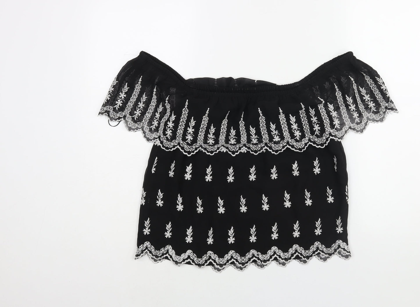 Miss Selfridge Womens Black Geometric Polyester Basic Blouse Size 8 Off the Shoulder - Embroidered Frill