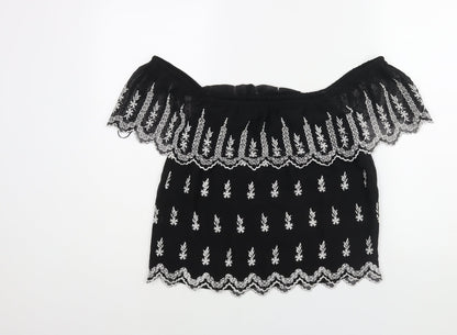 Miss Selfridge Womens Black Geometric Polyester Basic Blouse Size 8 Off the Shoulder - Embroidered Frill