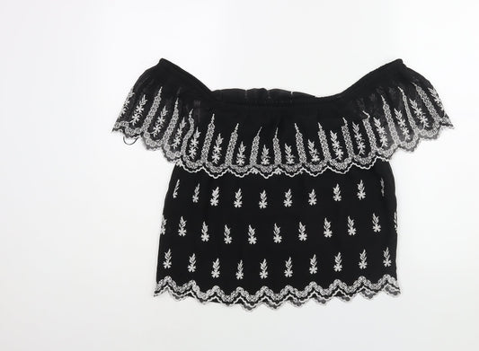 Miss Selfridge Womens Black Geometric Polyester Basic Blouse Size 8 Off the Shoulder - Embroidered Frill
