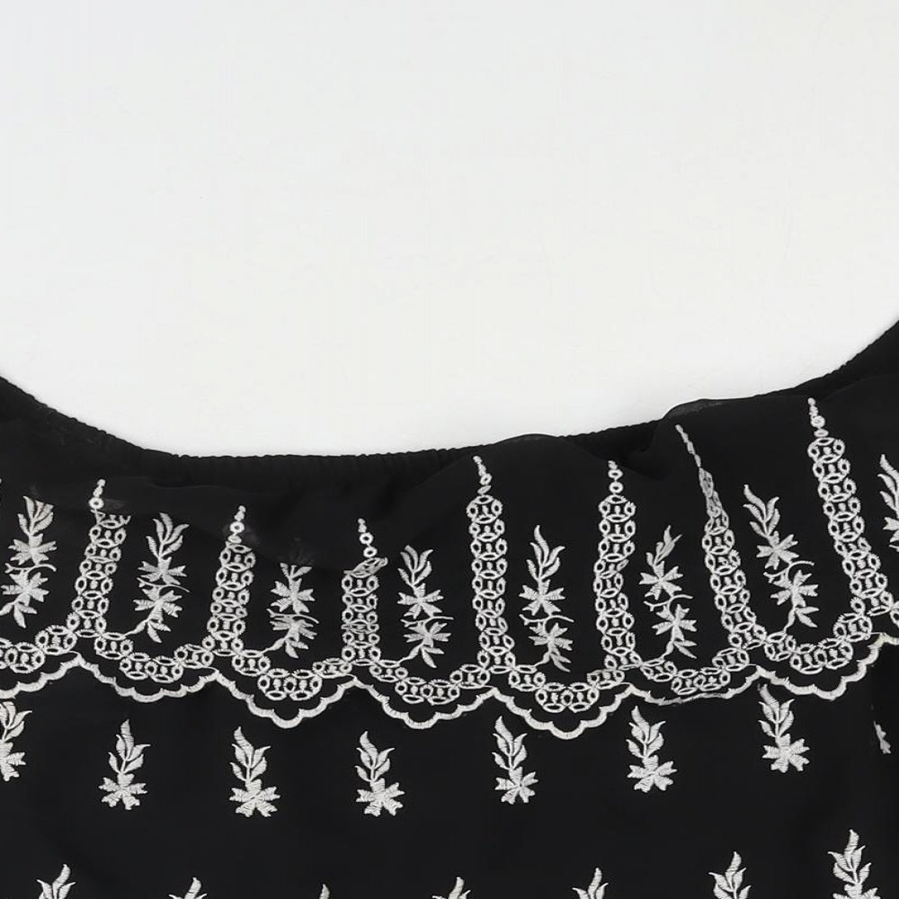 Miss Selfridge Womens Black Geometric Polyester Basic Blouse Size 8 Off the Shoulder - Embroidered Frill