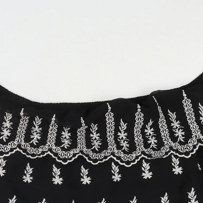 Miss Selfridge Womens Black Geometric Polyester Basic Blouse Size 8 Off the Shoulder - Embroidered Frill