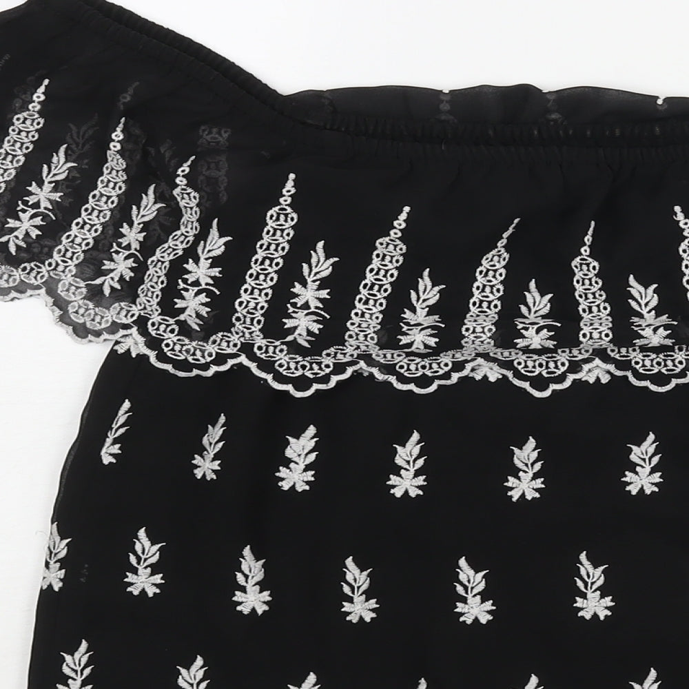 Miss Selfridge Womens Black Geometric Polyester Basic Blouse Size 8 Off the Shoulder - Embroidered Frill