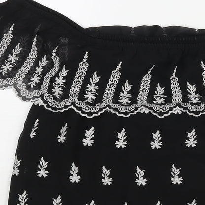 Miss Selfridge Womens Black Geometric Polyester Basic Blouse Size 8 Off the Shoulder - Embroidered Frill