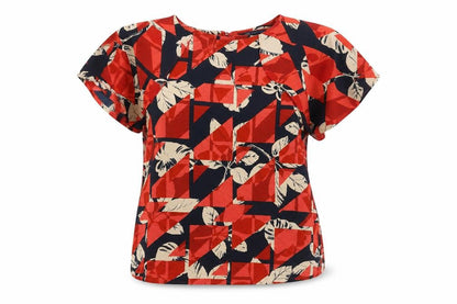 Marks and Spencer Womens Red Geometric Viscose Basic Blouse Size 14 Round Neck