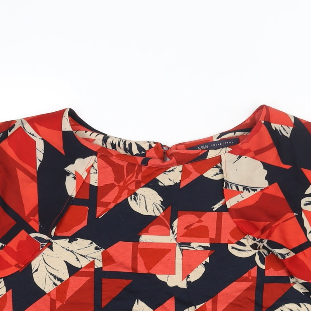 Marks and Spencer Womens Red Geometric Viscose Basic Blouse Size 14 Round Neck