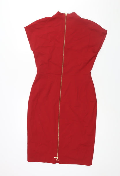 Baukjen Womens Red Polyester Pencil Dress Size 12 V-Neck Zip