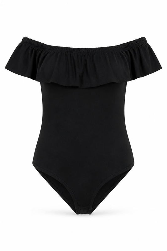 Front view of Only women’s black viscose bodysuit one-piece, size S, snap - frill