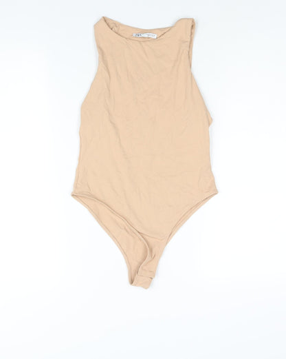 Zara Womens Beige Polyamide Bodysuit One-Piece Size M Snap