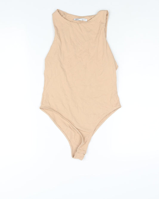 Zara Womens Beige Polyamide Bodysuit One-Piece Size M Snap
