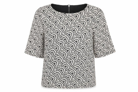 Front view of Principles women’s white geometric viscose basic blouse, size UK 10, round neck