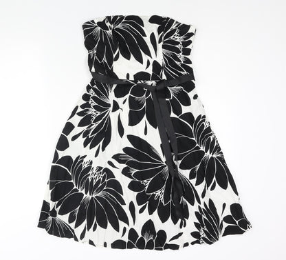 M&Co Womens Black Floral Cotton A-Line Size 12 Square Neck Zip - Belted