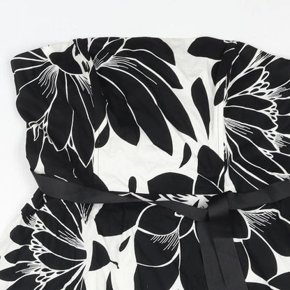M&Co Womens Black Floral Cotton A-Line Size 12 Square Neck Zip - Belted