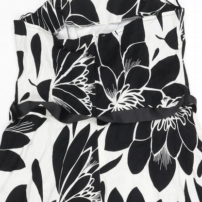 M&Co Womens Black Floral Cotton A-Line Size 12 Square Neck Zip - Belted