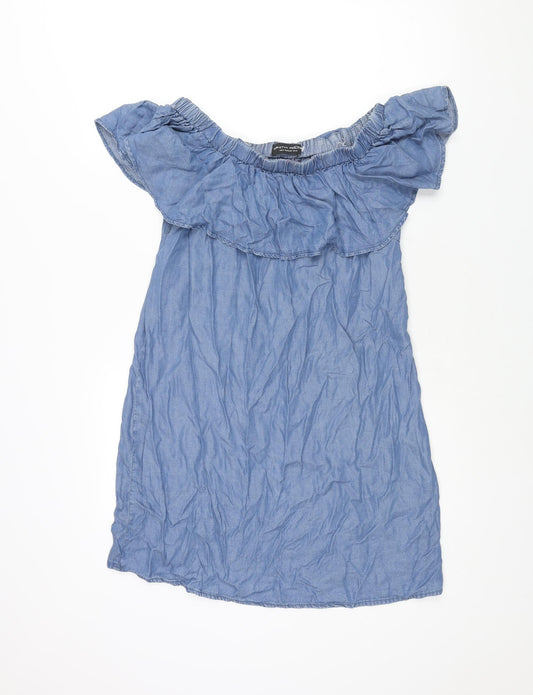 Dorothy Perkins Womens Blue Lyocell Shift Size 12 Off the Shoulder Pullover - Frill