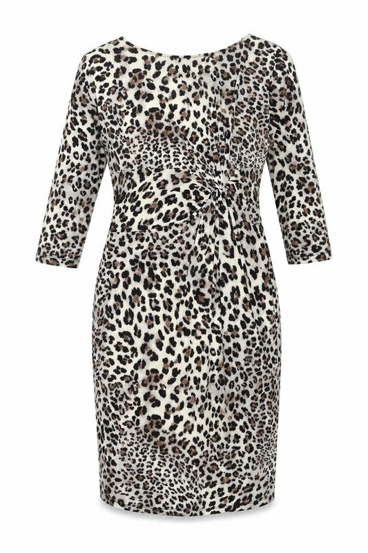 Montique Womens Beige Animal Print Polyester Pencil Dress Size 16 Round Neck Pullover - Twist Detail Leopard Print