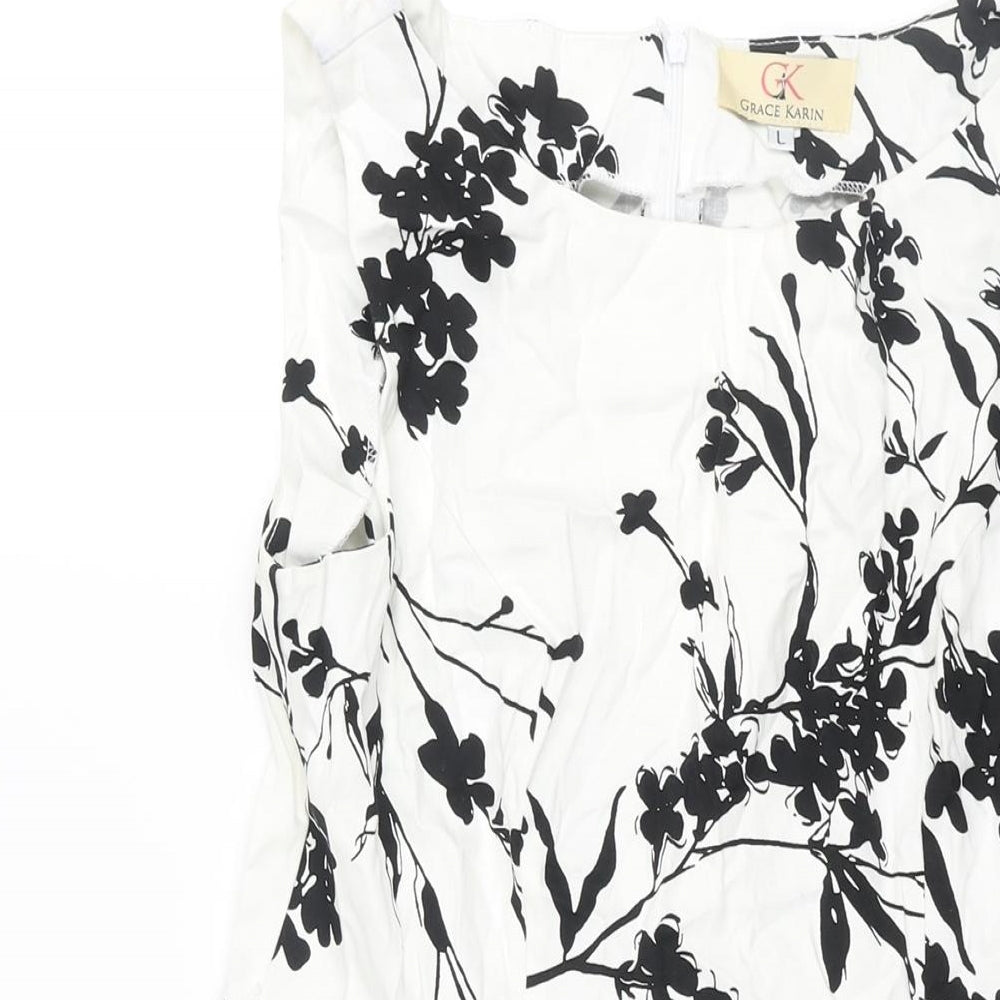 Grace Clarin Womens White Floral Polyester Fit & Flare Size L Round Neck Zip