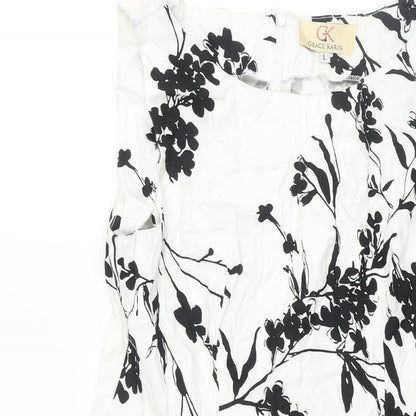 Grace Clarin Womens White Floral Polyester Fit & Flare Size L Round Neck Zip