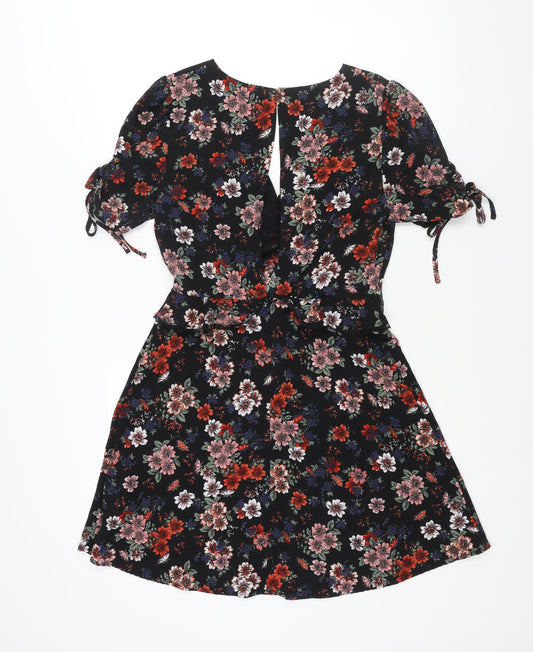 New Look Womens Black Floral Polyester A-Line Size 10 V-Neck Zip - Lace Trim Frill Bow