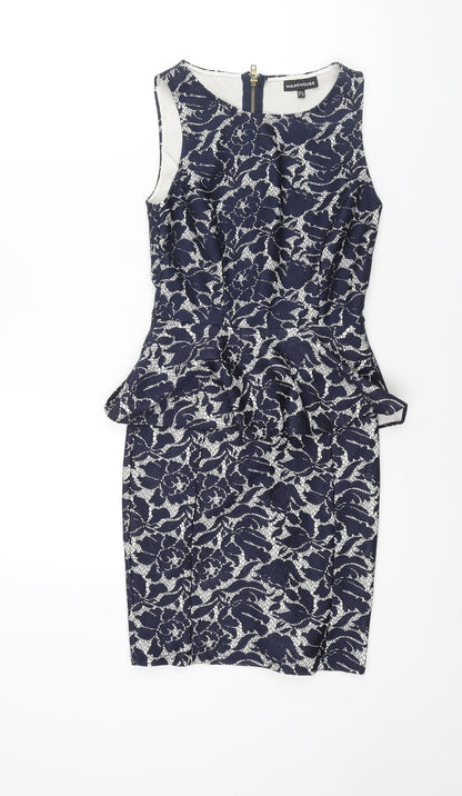 Warehouse Womens Blue Floral Polyester Pencil Dress Size 6 Round Neck Zip - Peplum