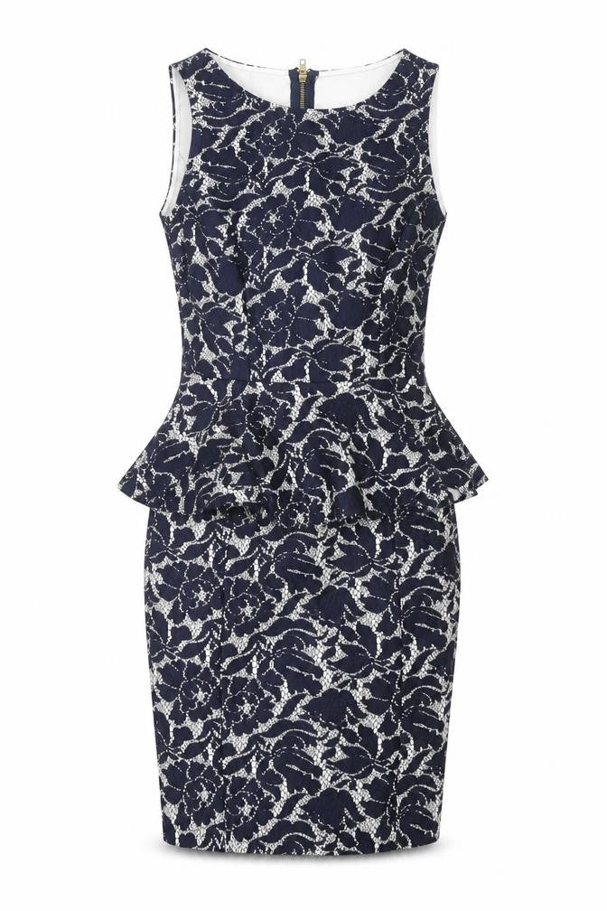 Warehouse Womens Blue Floral Polyester Pencil Dress Size 6 Round Neck Zip - Peplum