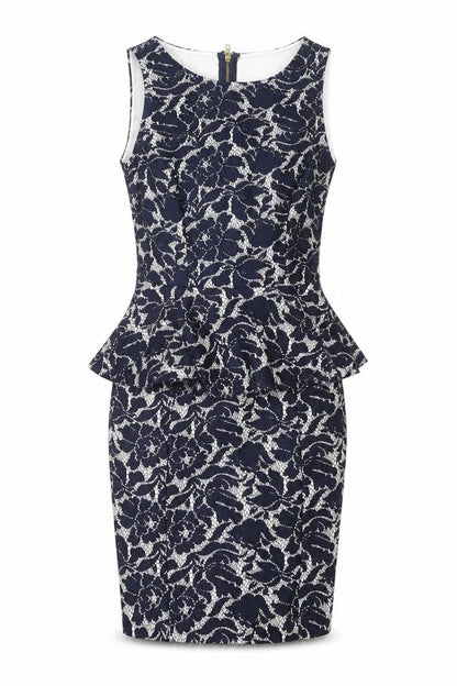 Warehouse Womens Blue Floral Polyester Pencil Dress Size 6 Round Neck Zip - Peplum