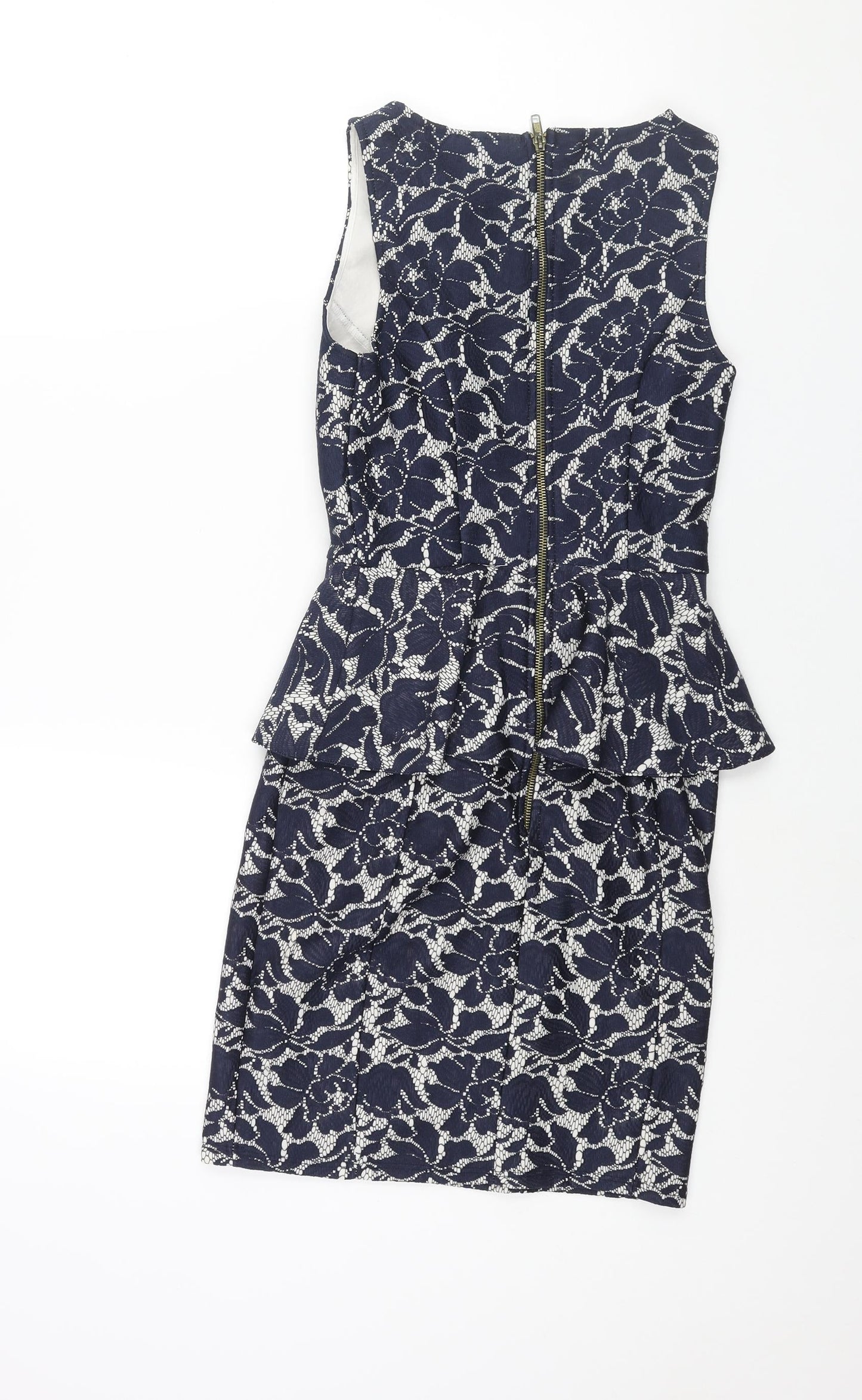 Warehouse Womens Blue Floral Polyester Pencil Dress Size 6 Round Neck Zip - Peplum
