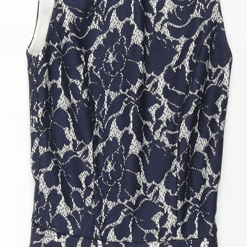 Warehouse Womens Blue Floral Polyester Pencil Dress Size 6 Round Neck Zip - Peplum