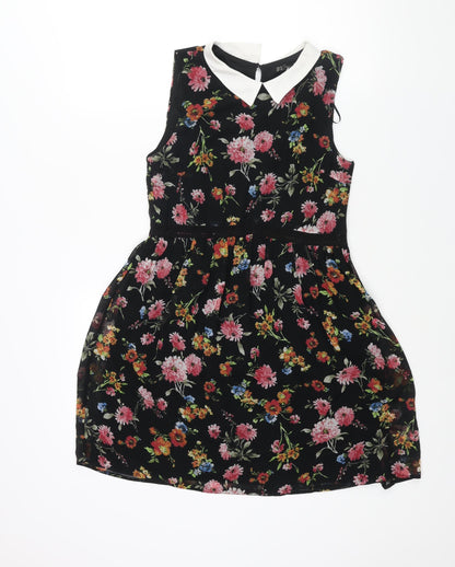 Zara Womens Black Floral Polyester A-Line Size M Collared Zip