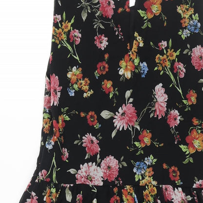 Zara Womens Black Floral Polyester A-Line Size M Collared Zip