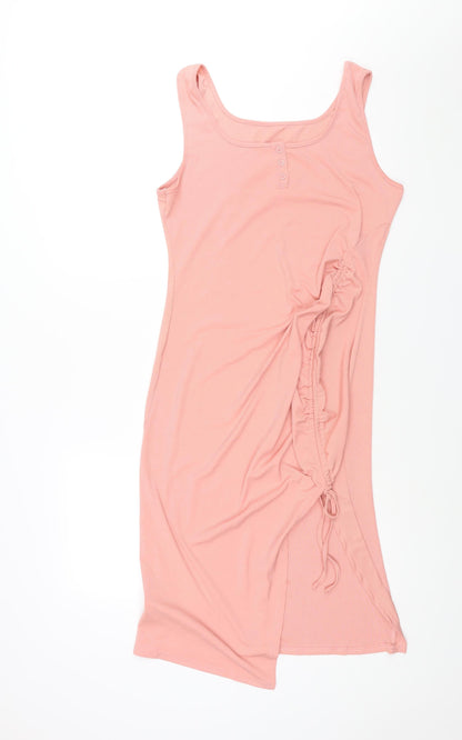 Yozy Womens Pink Polyester Shift Size XL Scoop Neck Button - Drawstring Detail