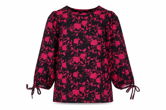 Front view of Principles women’s pink floral viscose basic blouse, size UK 12, round neck - bow detail