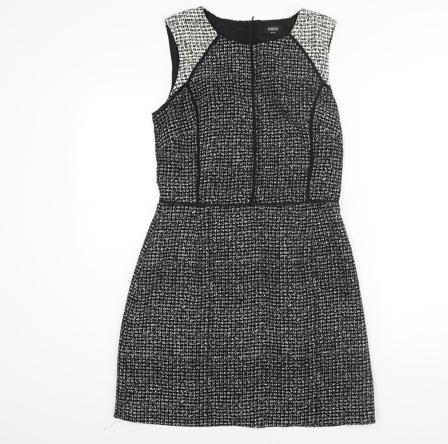 Oasis Womens Black Geometric Polyester Shift Size 12 Round Neck Zip