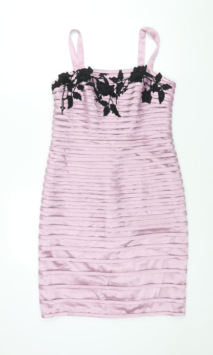 Veni Infantino Womens Pink Striped Acetate Shift Size 14 Square Neck Zip - Applique Flowers