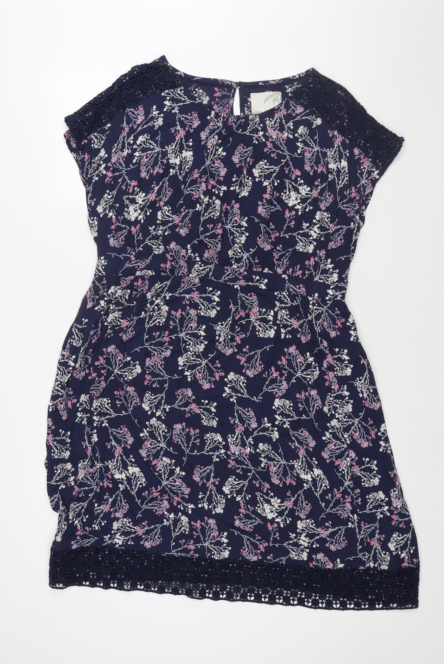 RJR.John Rocha Womens Blue Floral Viscose Shift Size 16 Round Neck Button - Lace Detail Belted