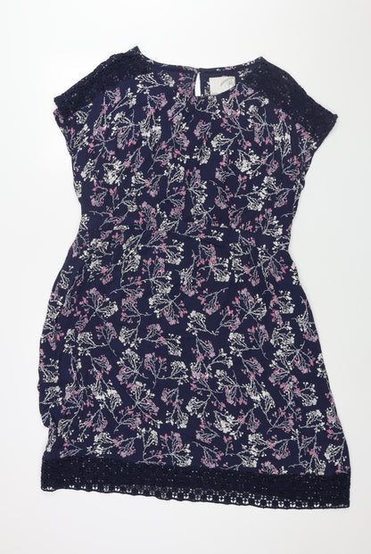 RJR.John Rocha Womens Blue Floral Viscose Shift Size 16 Round Neck Button - Lace Detail Belted