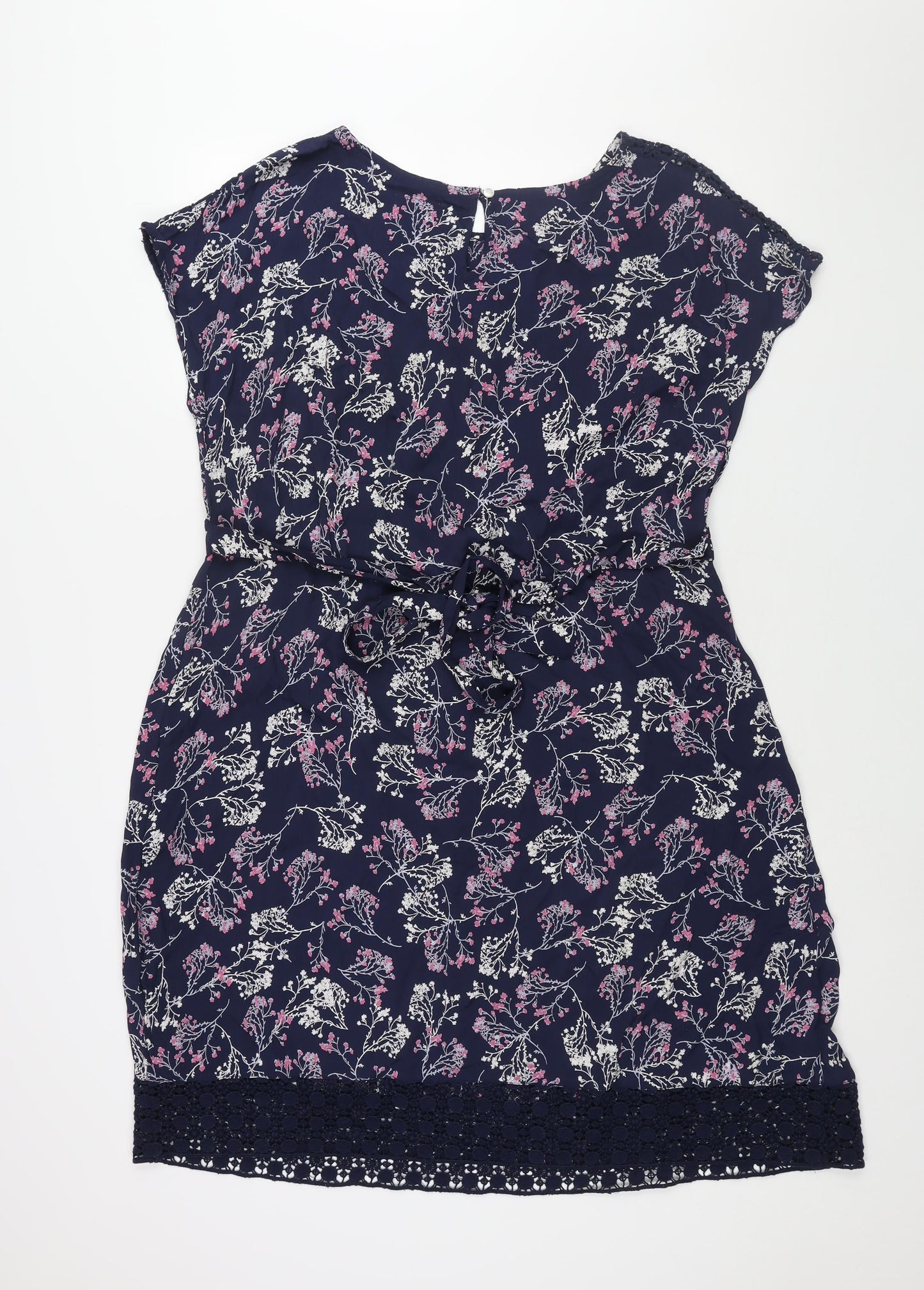 RJR.John Rocha Womens Blue Floral Viscose Shift Size 16 Round Neck Button - Lace Detail Belted