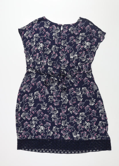 RJR.John Rocha Womens Blue Floral Viscose Shift Size 16 Round Neck Button - Lace Detail Belted
