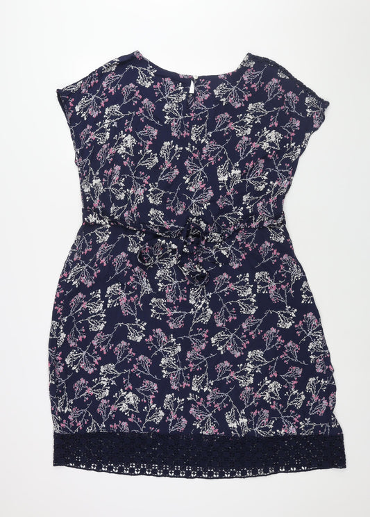 RJR.John Rocha Womens Blue Floral Viscose Shift Size 16 Round Neck Button - Lace Detail Belted