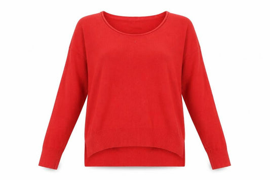 Front view of French Connection women’s red scoop neck acrylic jumper, size S