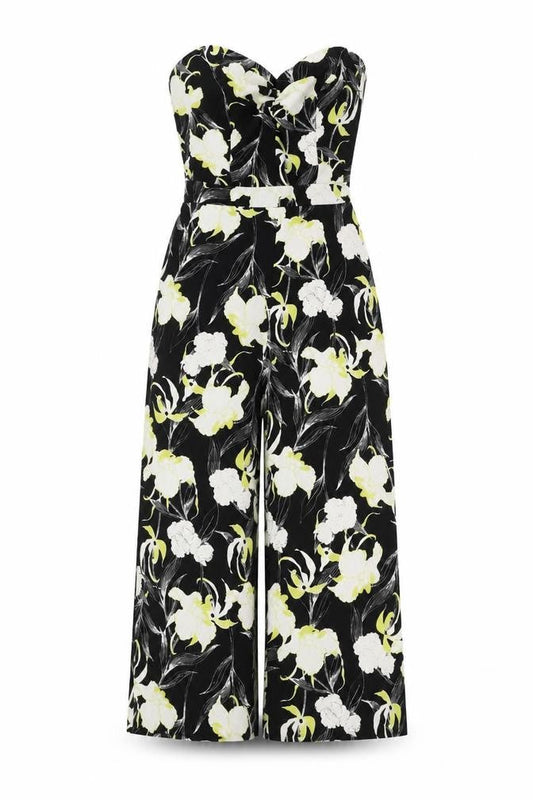 Front view of Miss Selfridge women’s black floral polyester jumpsuit one-piece, size UK 10, 21-inch leg zip