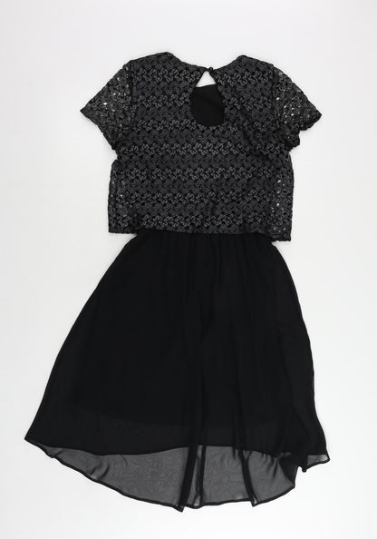 River Island Womens Black Polyester Fit & Flare Size 8 Round Neck Button - Lace Overlay