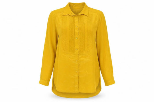 Front view of Principles women’s yellow polyester tunic button-up, size UK 10, collared