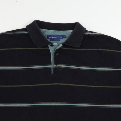Atlantic Bay Mens Blue Striped Cotton Polo Size L Collared Button