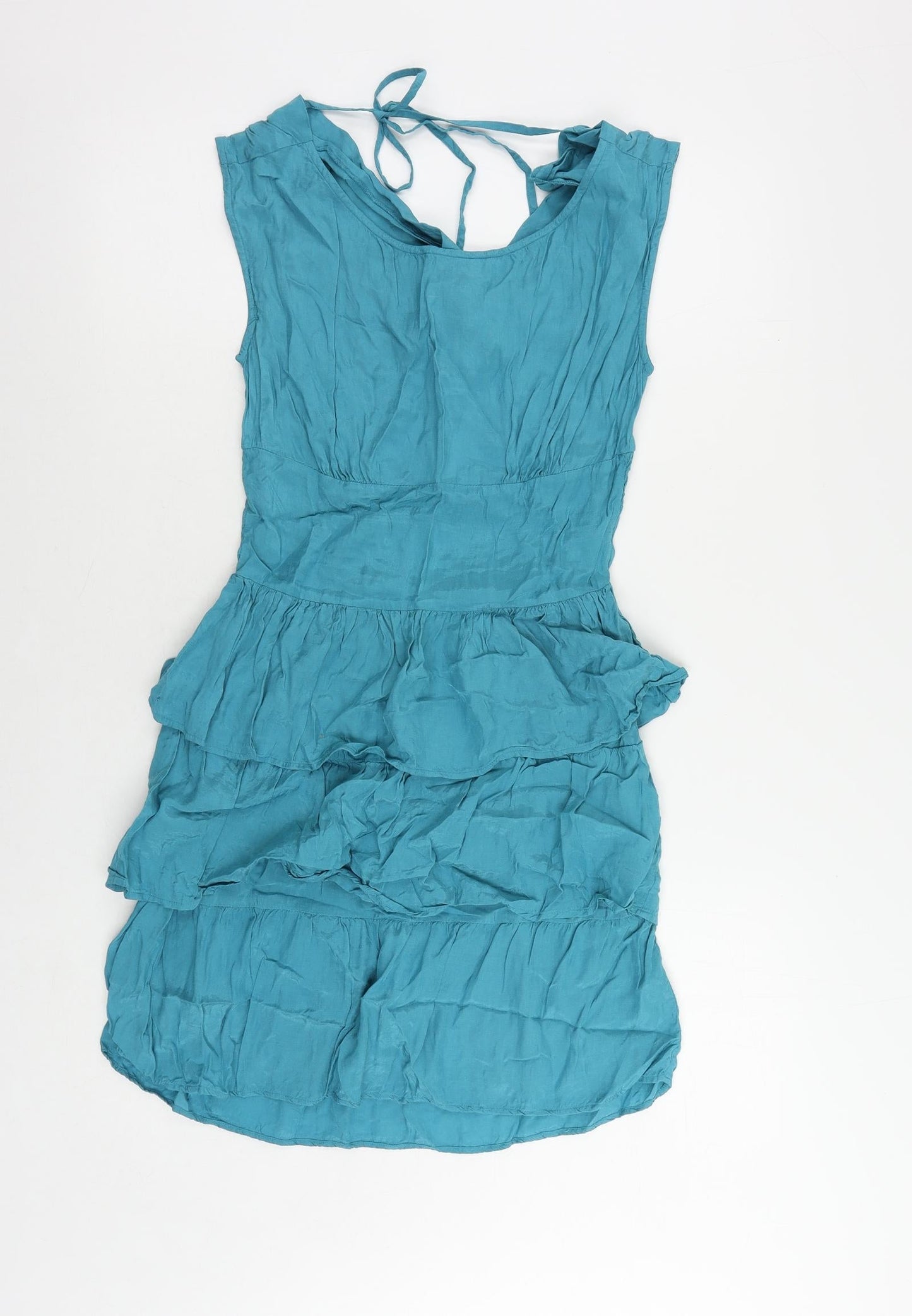 Miss Selfridge Womens Blue Viscose A-Line Size 10 Boat Neck Tie - Ruffle