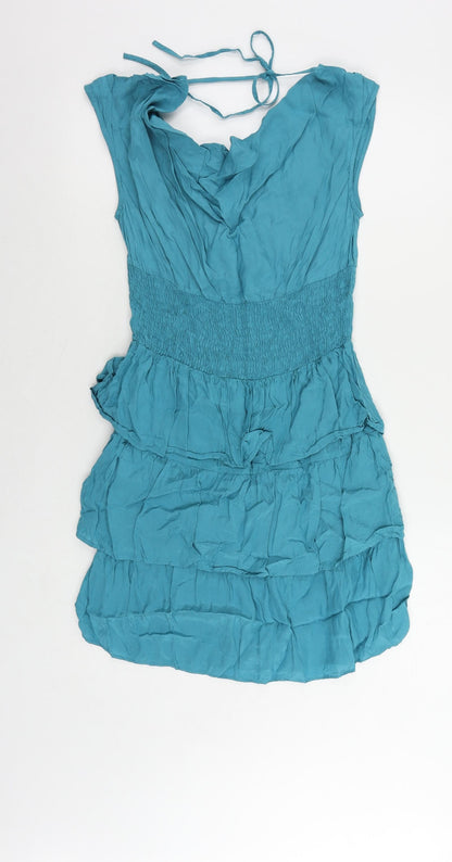 Miss Selfridge Womens Blue Viscose A-Line Size 10 Boat Neck Tie - Ruffle